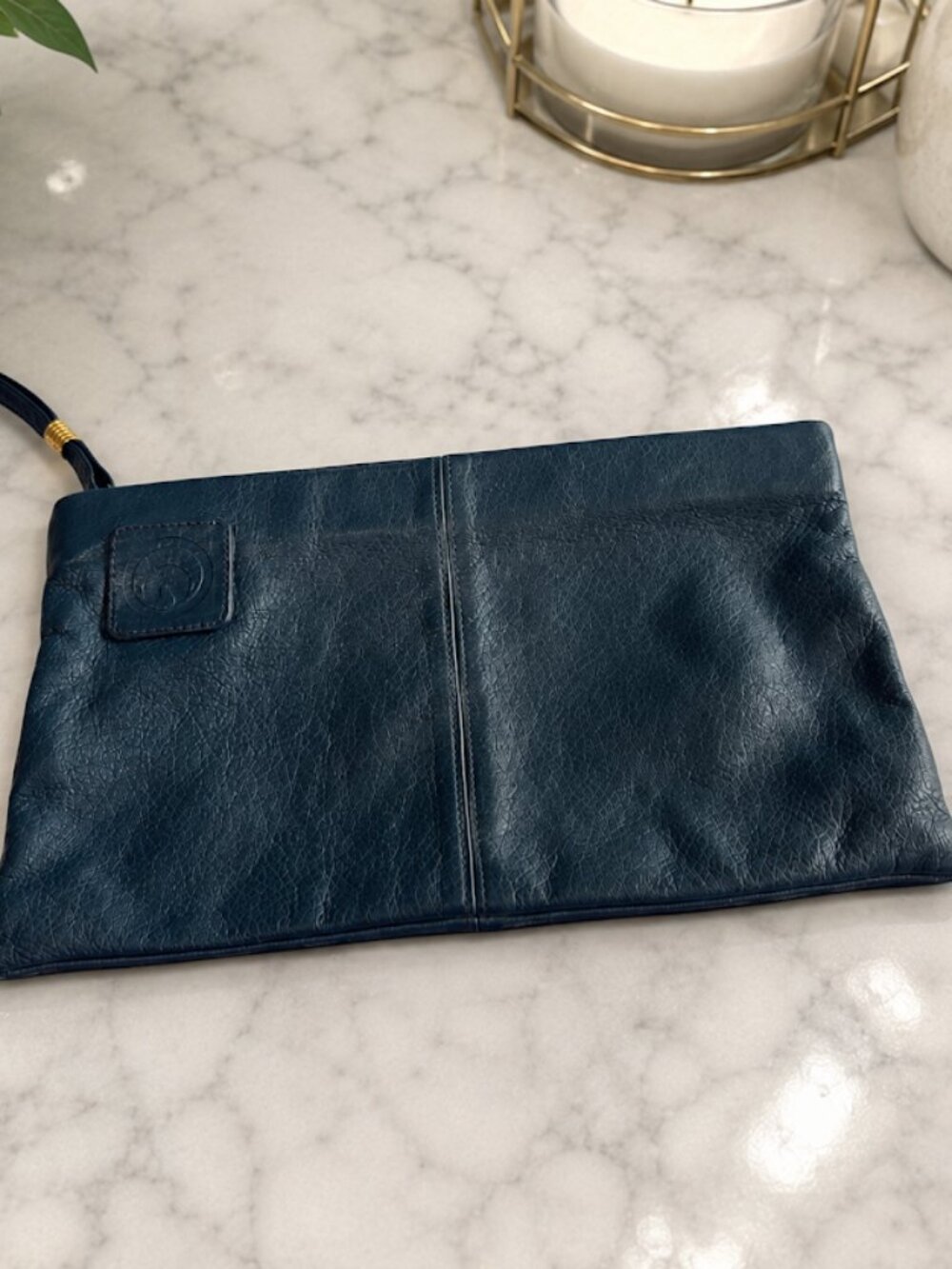 Sereta Vintage Navy Leather Clutch Wristlet Peacock Emblem 11in